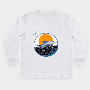 Dolphin and Birds art Kids Long Sleeve T-Shirt